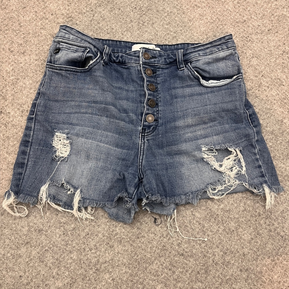 KanCan Distressed High Rise Button Fly Denim Shorts Size 13/30 Raw Hem